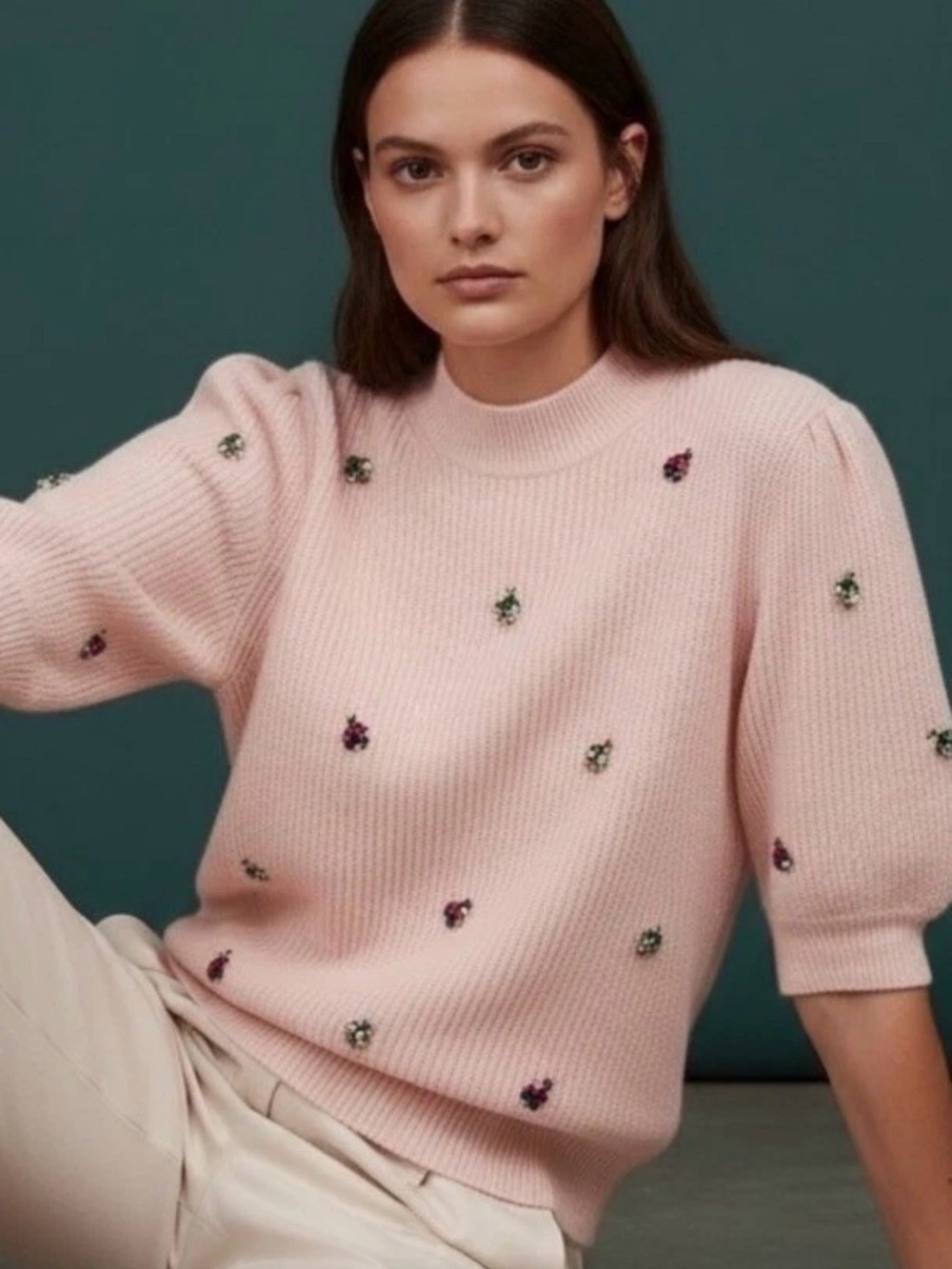 Boden Insect Bejeweled Embellished Short-Sleeve Knit Sweater
